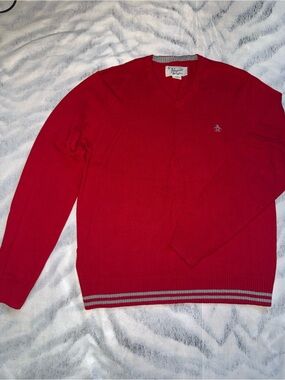 Original Penguin Red V-Neck Sweater with Grey Stripe Hem
